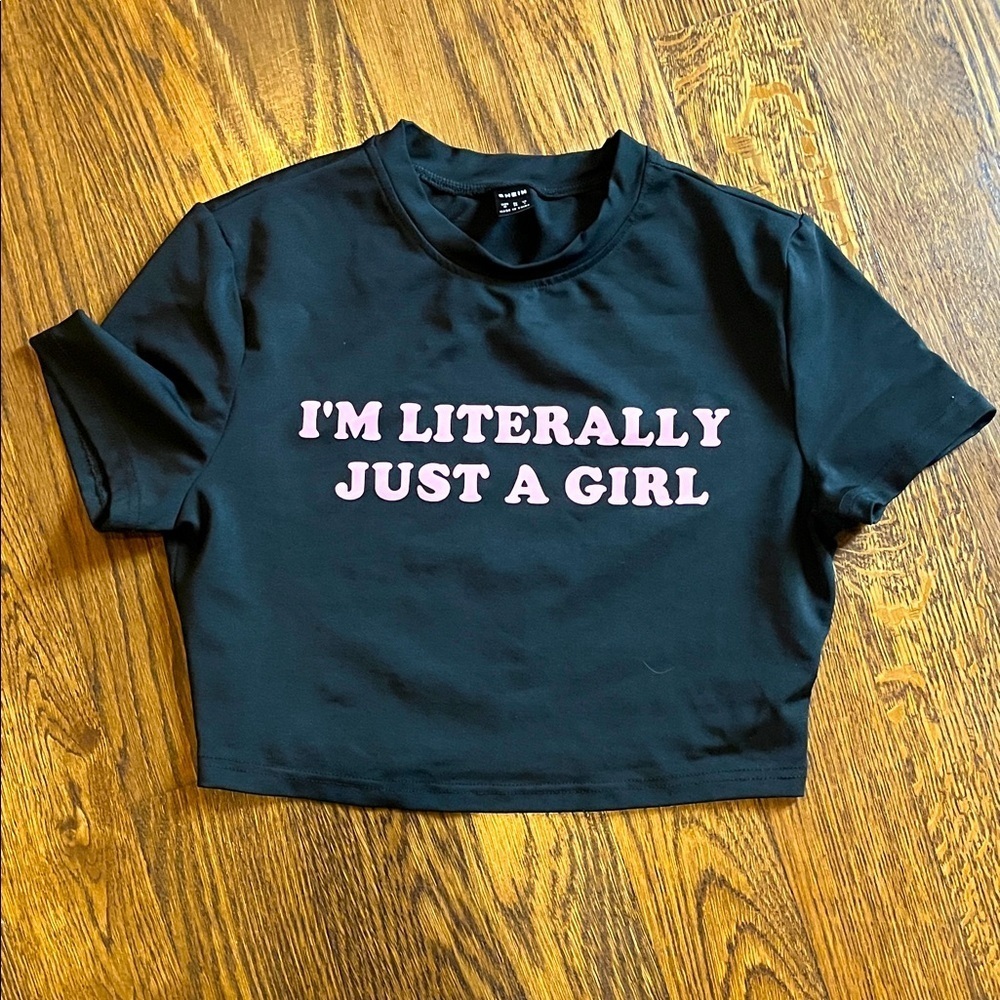 SHEIN Black Tee with Pink Text
